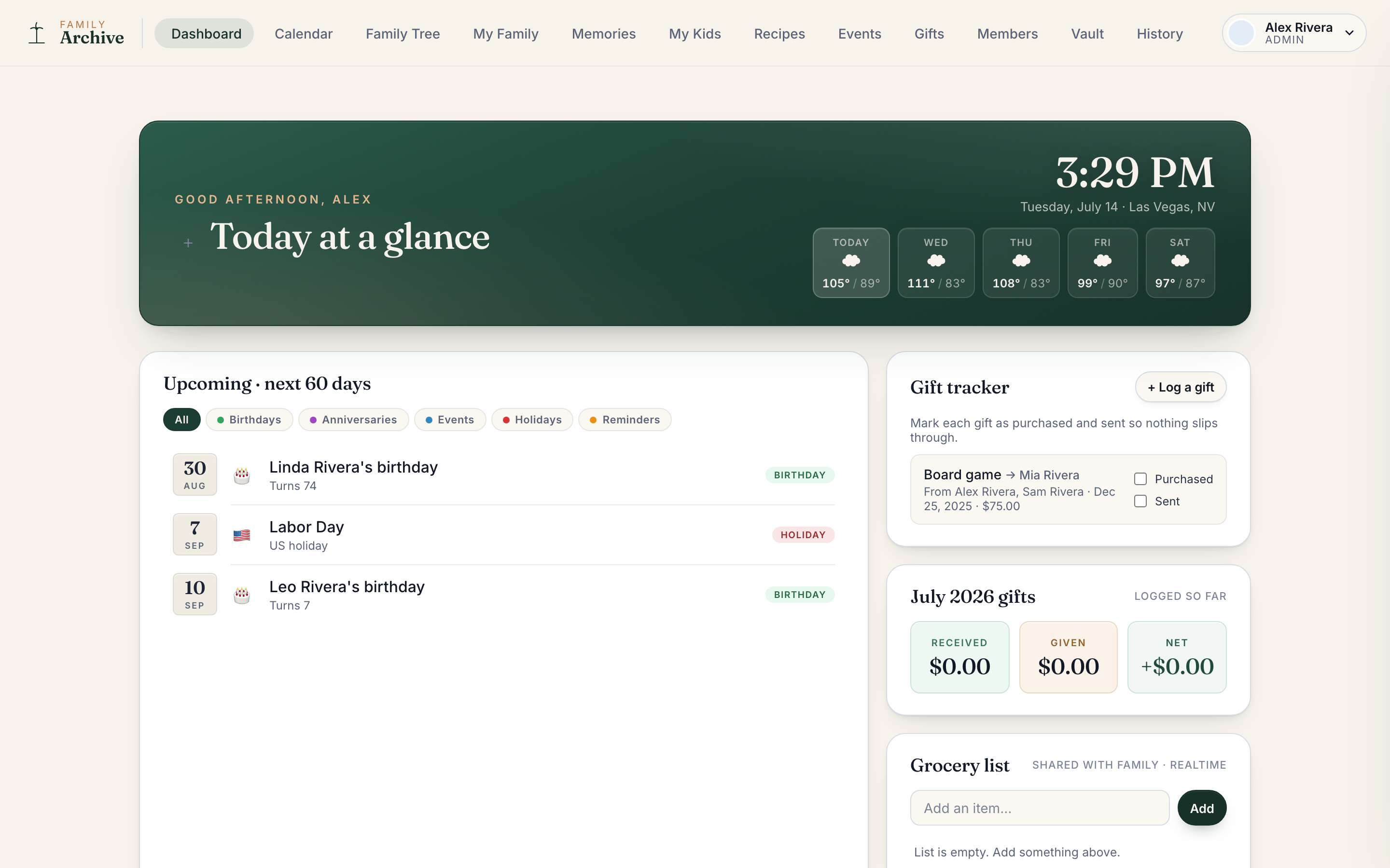 Family Archive web app dashboard